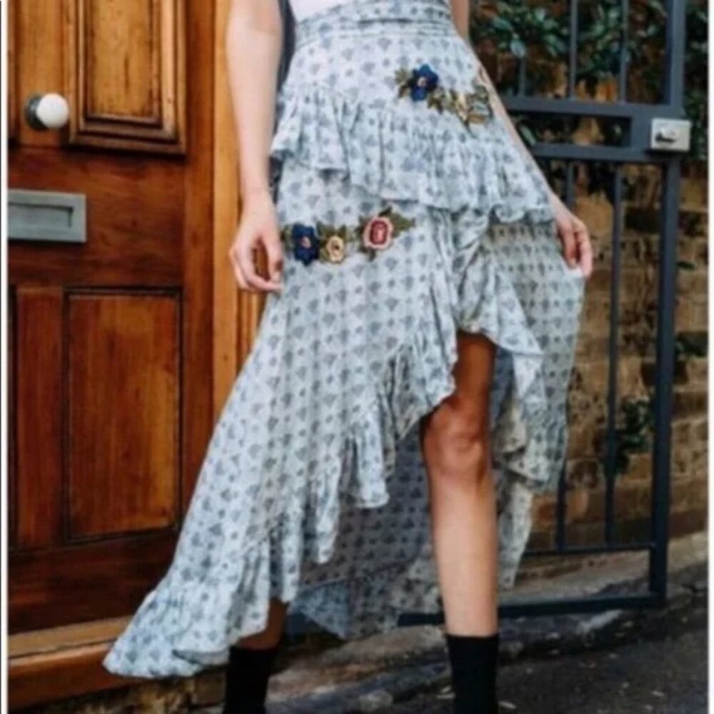 JAASE White & Blue Hi-Lo Floral Embroidered Boho Skirt